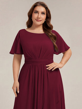 Short Sleeve Ruffle Round Neck High-Low Asymmetrical Bridesmaid Dresses