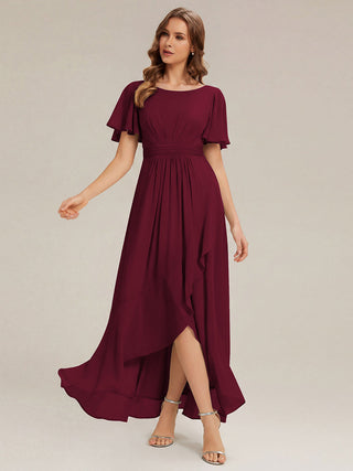 Short Sleeve Ruffle Round Neck High-Low Asymmetrical Bridesmaid Dresses