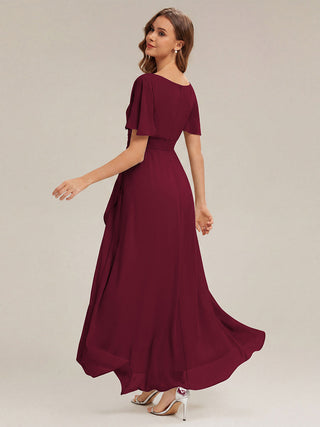 Short Sleeve Ruffle Round Neck High-Low Asymmetrical Bridesmaid Dresses