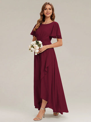 Short Sleeve Ruffle Round Neck High-Low Asymmetrical Bridesmaid Dresses