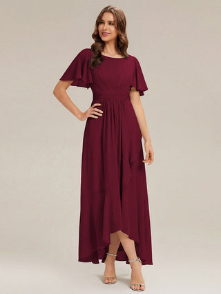Short Sleeve Ruffle Round Neck High-Low Asymmetrical Bridesmaid Dresses