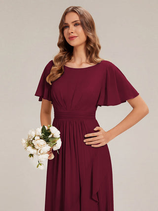Short Sleeve Ruffle Round Neck High-Low Asymmetrical Bridesmaid Dresses