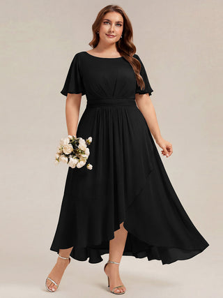 Short Sleeve Ruffle Round Neck High-Low Asymmetrical Bridesmaid Dresses