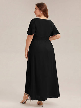 Short Sleeve Ruffle Round Neck High-Low Asymmetrical Bridesmaid Dresses