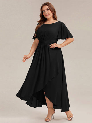 Short Sleeve Ruffle Round Neck High-Low Asymmetrical Bridesmaid Dresses