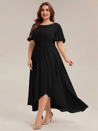 Short Sleeve Ruffle Round Neck High-Low Asymmetrical Bridesmaid Dresses