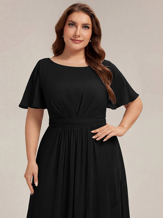 Short Sleeve Ruffle Round Neck High-Low Asymmetrical Bridesmaid Dresses