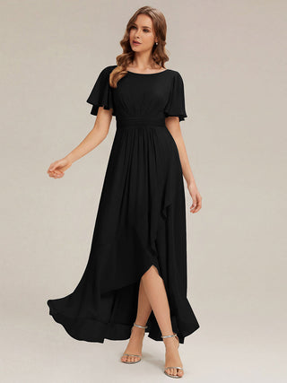 Short Sleeve Ruffle Round Neck High-Low Asymmetrical Bridesmaid Dresses