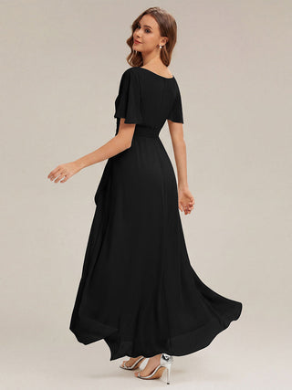 Short Sleeve Ruffle Round Neck High-Low Asymmetrical Bridesmaid Dresses