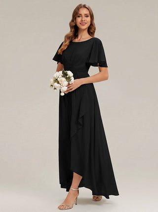Short Sleeve Ruffle Round Neck High-Low Asymmetrical Bridesmaid Dresses