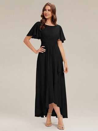 Short Sleeve Ruffle Round Neck High-Low Asymmetrical Bridesmaid Dresses