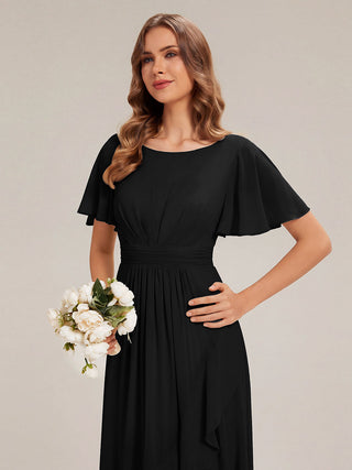 Short Sleeve Ruffle Round Neck High-Low Asymmetrical Bridesmaid Dresses
