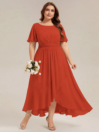 Short Sleeve Ruffle Round Neck High-Low Asymmetrical Bridesmaid Dresses