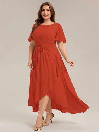 Short Sleeve Ruffle Round Neck High-Low Asymmetrical Bridesmaid Dresses