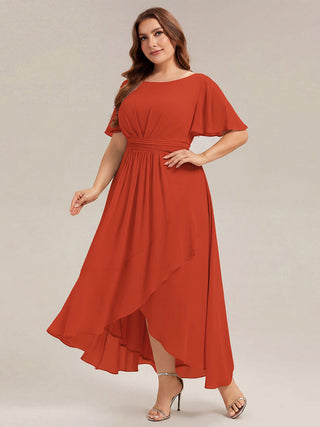 Short Sleeve Ruffle Round Neck High-Low Asymmetrical Bridesmaid Dresses