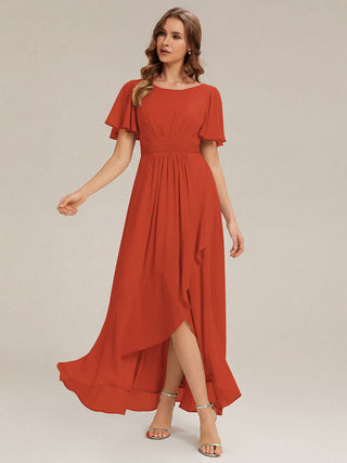 Short Sleeve Ruffle Round Neck High-Low Asymmetrical Bridesmaid Dresses