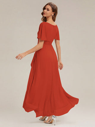 Short Sleeve Ruffle Round Neck High-Low Asymmetrical Bridesmaid Dresses