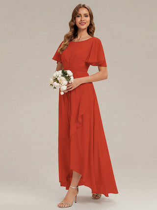 Short Sleeve Ruffle Round Neck High-Low Asymmetrical Bridesmaid Dresses