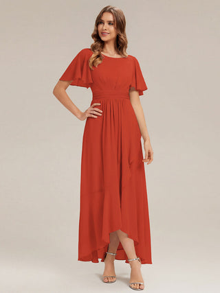 Short Sleeve Ruffle Round Neck High-Low Asymmetrical Bridesmaid Dresses