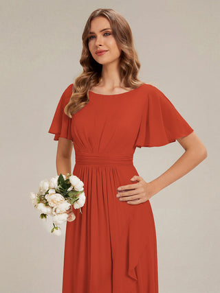 Short Sleeve Ruffle Round Neck High-Low Asymmetrical Bridesmaid Dresses