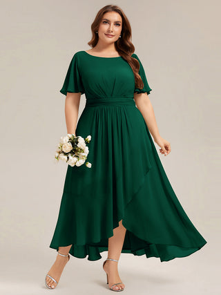 Short Sleeve Ruffle Round Neck High-Low Asymmetrical Bridesmaid Dresses