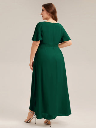 Short Sleeve Ruffle Round Neck High-Low Asymmetrical Bridesmaid Dresses