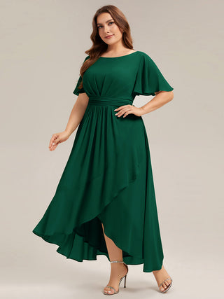 Short Sleeve Ruffle Round Neck High-Low Asymmetrical Bridesmaid Dresses