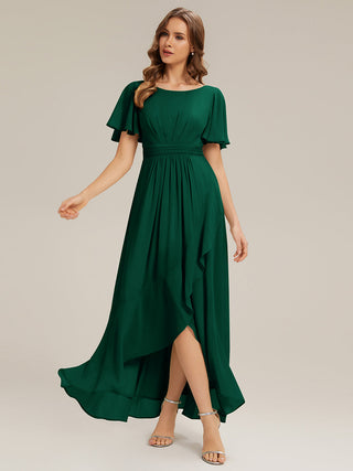 Short Sleeve Ruffle Round Neck High-Low Asymmetrical Bridesmaid Dresses