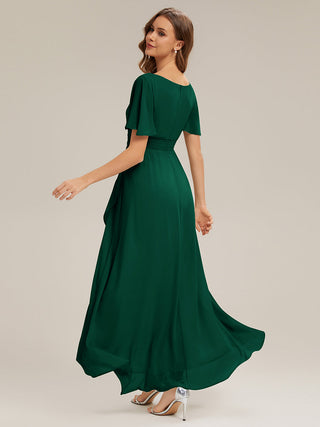 Short Sleeve Ruffle Round Neck High-Low Asymmetrical Bridesmaid Dresses