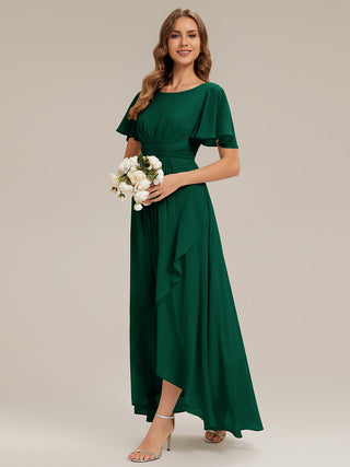 Short Sleeve Ruffle Round Neck High-Low Asymmetrical Bridesmaid Dresses