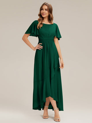 Short Sleeve Ruffle Round Neck High-Low Asymmetrical Bridesmaid Dresses