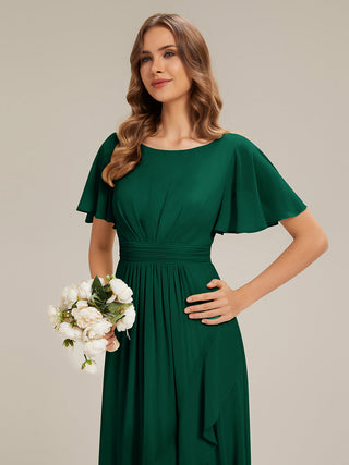 Short Sleeve Ruffle Round Neck High-Low Asymmetrical Bridesmaid Dresses