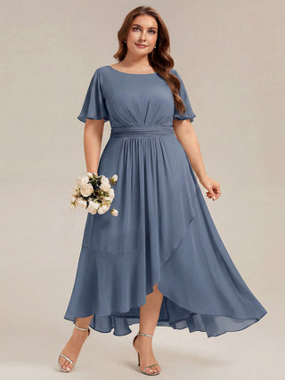 Short Sleeve Ruffle Round Neck High-Low Asymmetrical Bridesmaid Dresses