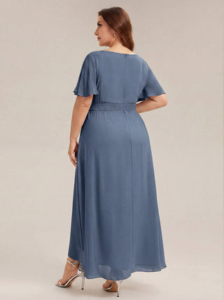Short Sleeve Ruffle Round Neck High-Low Asymmetrical Bridesmaid Dresses