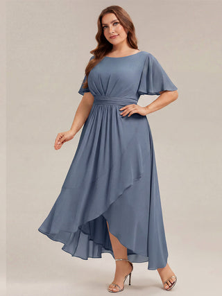 Short Sleeve Ruffle Round Neck High-Low Asymmetrical Bridesmaid Dresses