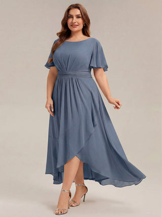 Short Sleeve Ruffle Round Neck High-Low Asymmetrical Bridesmaid Dresses