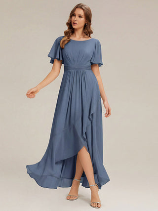 Short Sleeve Ruffle Round Neck High-Low Asymmetrical Bridesmaid Dresses