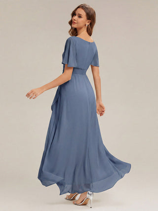 Short Sleeve Ruffle Round Neck High-Low Asymmetrical Bridesmaid Dresses
