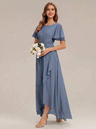 Short Sleeve Ruffle Round Neck High-Low Asymmetrical Bridesmaid Dresses