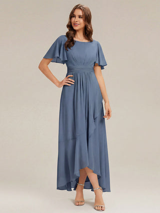 Short Sleeve Ruffle Round Neck High-Low Asymmetrical Bridesmaid Dresses