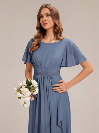Short Sleeve Ruffle Round Neck High-Low Asymmetrical Bridesmaid Dresses