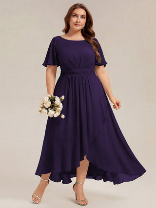 Short Sleeve Ruffle Round Neck High-Low Asymmetrical Bridesmaid Dresses