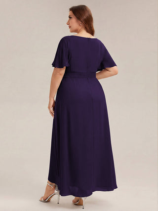 Short Sleeve Ruffle Round Neck High-Low Asymmetrical Bridesmaid Dresses