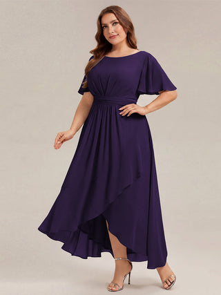 Short Sleeve Ruffle Round Neck High-Low Asymmetrical Bridesmaid Dresses