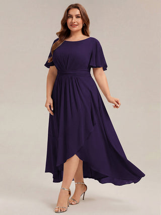 Short Sleeve Ruffle Round Neck High-Low Asymmetrical Bridesmaid Dresses