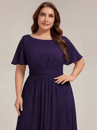 Short Sleeve Ruffle Round Neck High-Low Asymmetrical Bridesmaid Dresses