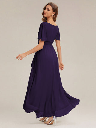 Short Sleeve Ruffle Round Neck High-Low Asymmetrical Bridesmaid Dresses