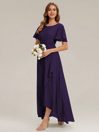 Short Sleeve Ruffle Round Neck High-Low Asymmetrical Bridesmaid Dresses