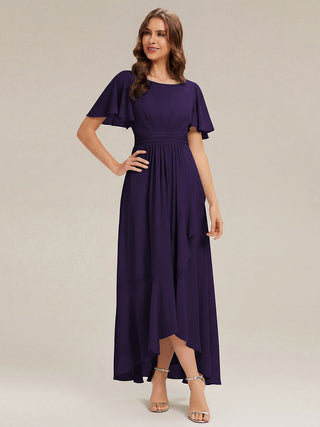 Short Sleeve Ruffle Round Neck High-Low Asymmetrical Bridesmaid Dresses