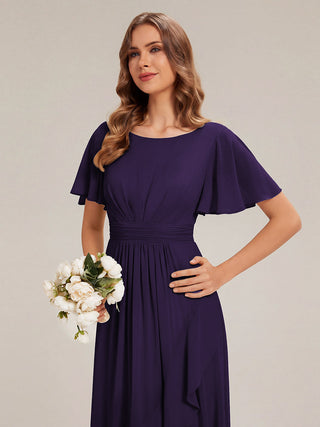 Short Sleeve Ruffle Round Neck High-Low Asymmetrical Bridesmaid Dresses